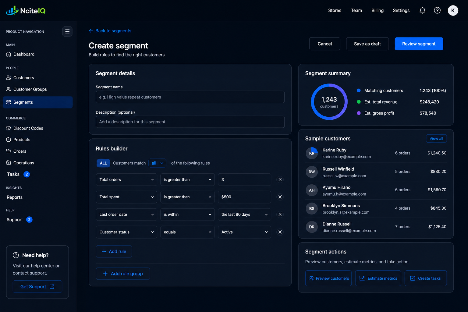 NciteIQ segment builder with matching customers preview